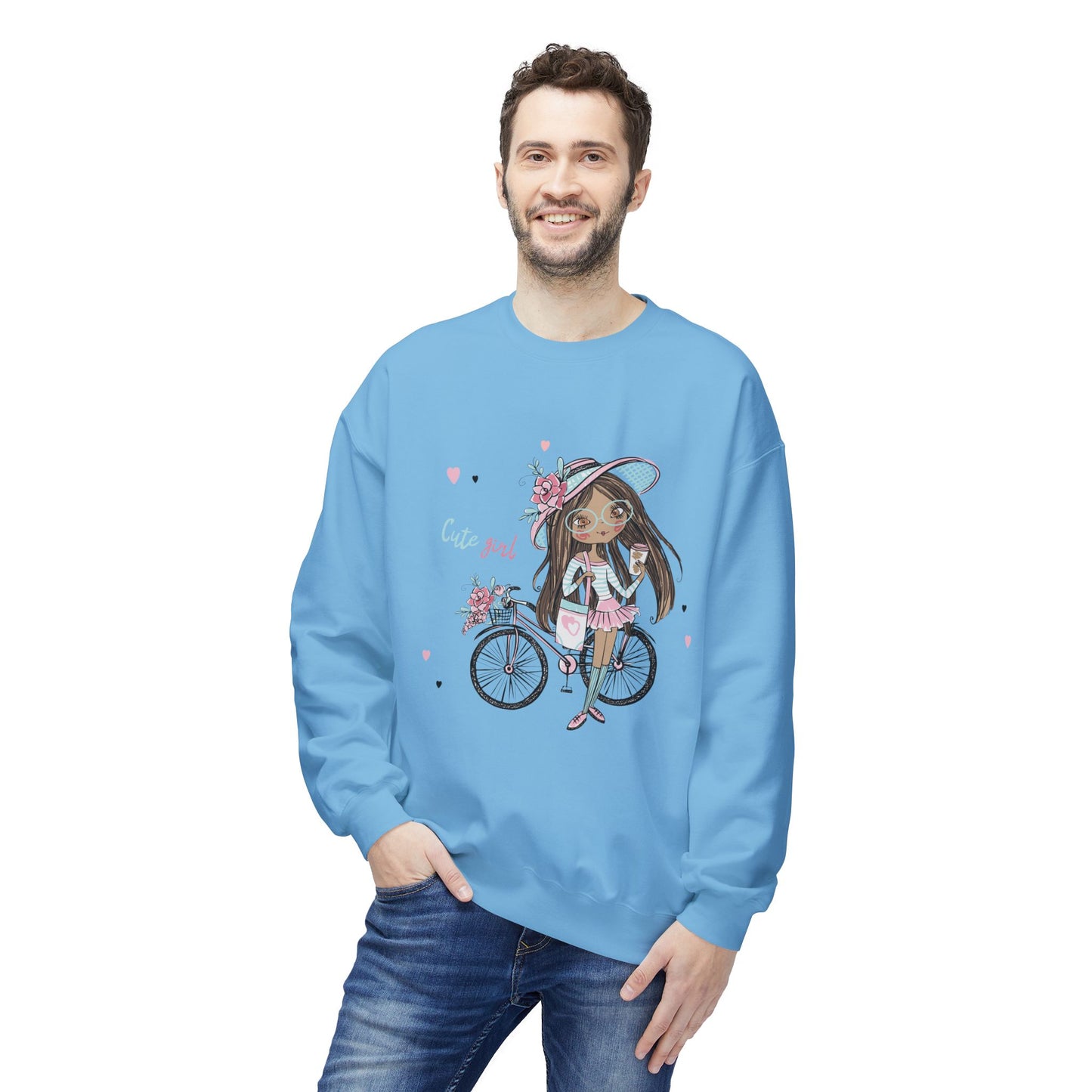 Cute Girl on Bicycle Sweatshirt, Cozy Fleece Crewneck, Spring Fashion, Gift for Her, Casual Sweatshirt, Cartoon Design