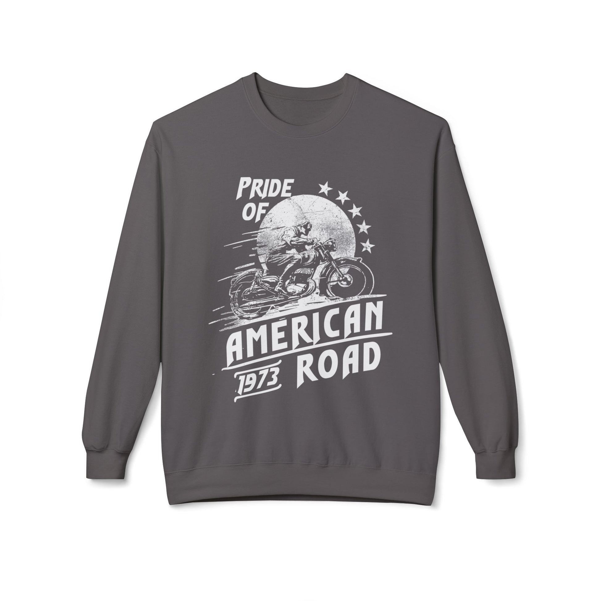 Pride of American Road Crewneck Sweatshirt, Cozy Unisex Fleece Top, Ideal Gift for Bikers, Road Trip Apparel, 1973 Vintage Style Charcoal
