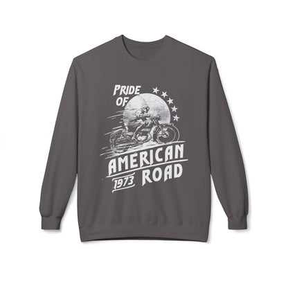 Pride of American Road Crewneck Sweatshirt, Cozy Unisex Fleece Top, Ideal Gift for Bikers, Road Trip Apparel, 1973 Vintage Style Charcoal