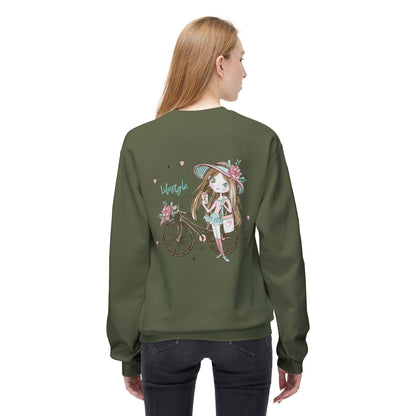 Chic Fleece Sweatshirt with Whimsical Bicycle Design - Perfect for Cozy Days, Gift for Cyclists, Cute Outfit for Spring, Birthday Military Green