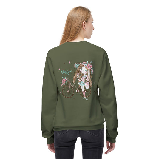 Chic Fleece Sweatshirt with Whimsical Bicycle Design - Perfect for Cozy Days, Gift for Cyclists, Cute Outfit for Spring, Birthday Military Green