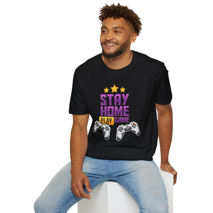 Stay Home Play Game Unisex Softstyle T-Shirt, Gamer Gift, Video Game Tee, Casual Wear, Birthday Present, Gaming Apparel