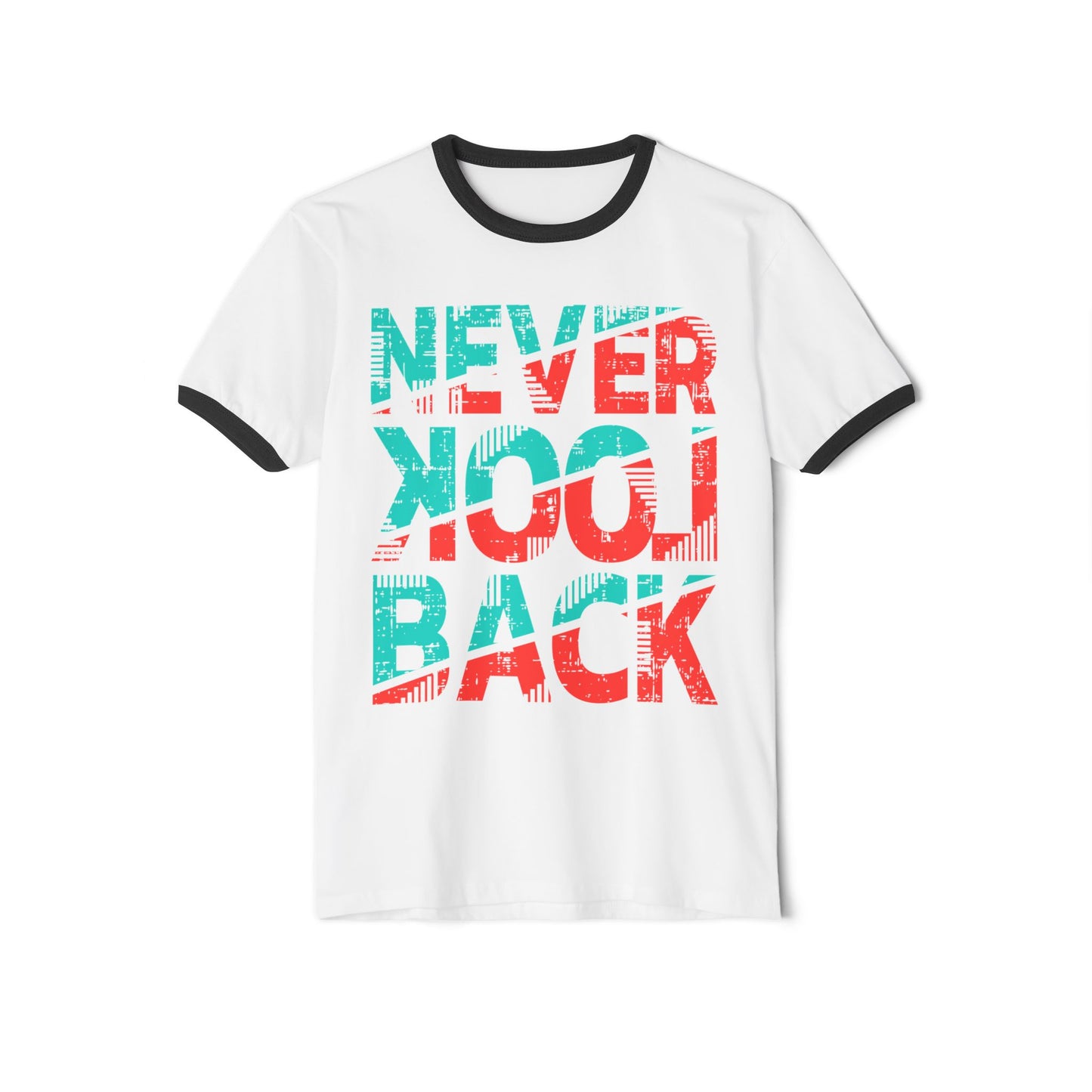Retro Ringer T-Shirt - 'Never Look Back' Statement Tee, Casual Wear, Vintage Style, Gift for Friends, Motivational Shirt White Black