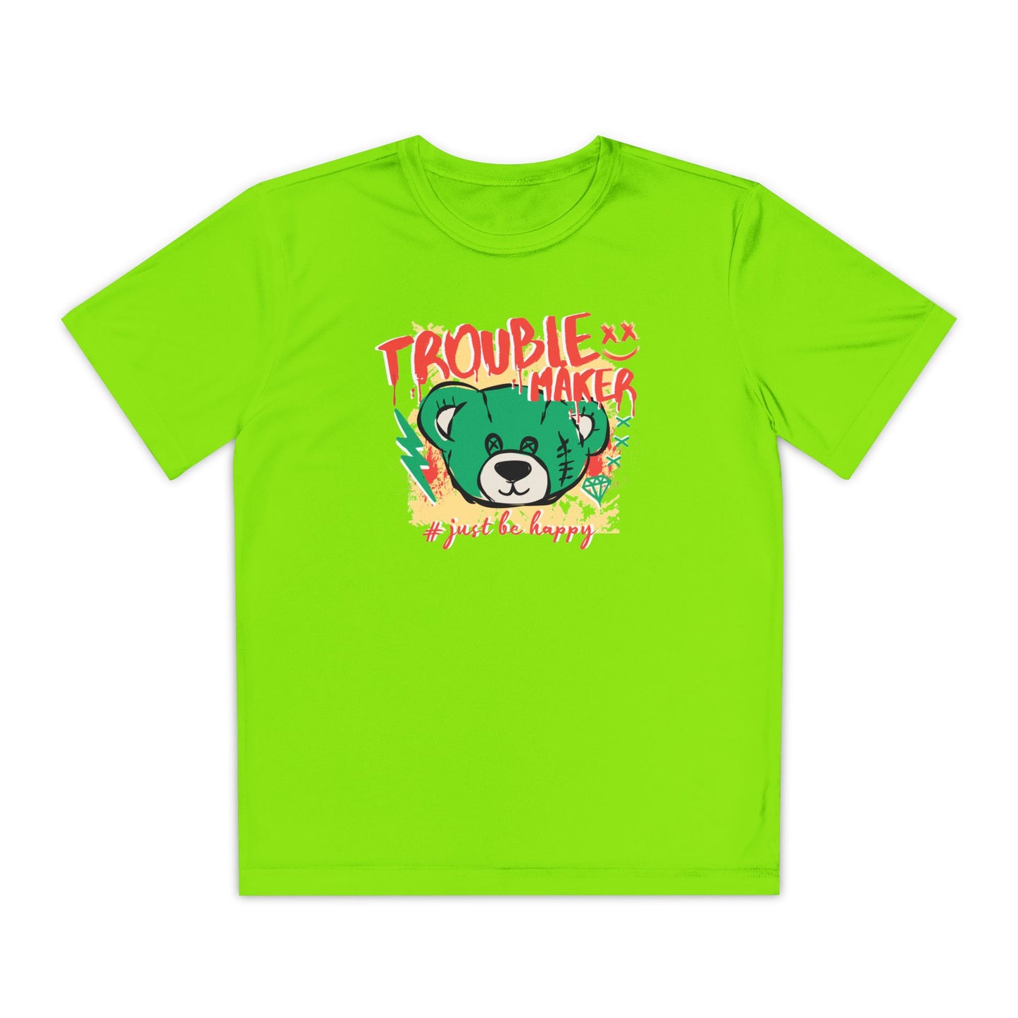 Troublemaker Youth Tee - Just Be Happy, Fun Kids Shirt, Casual Wear, Playful Gift, Summer Outfit Lime Shock