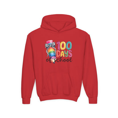 Colorful 100 Days of School Youth Hoodie, Fun School Celebration Sweatshirt, Back-to-School Gift, Kids Fashion, Classroom Style Red