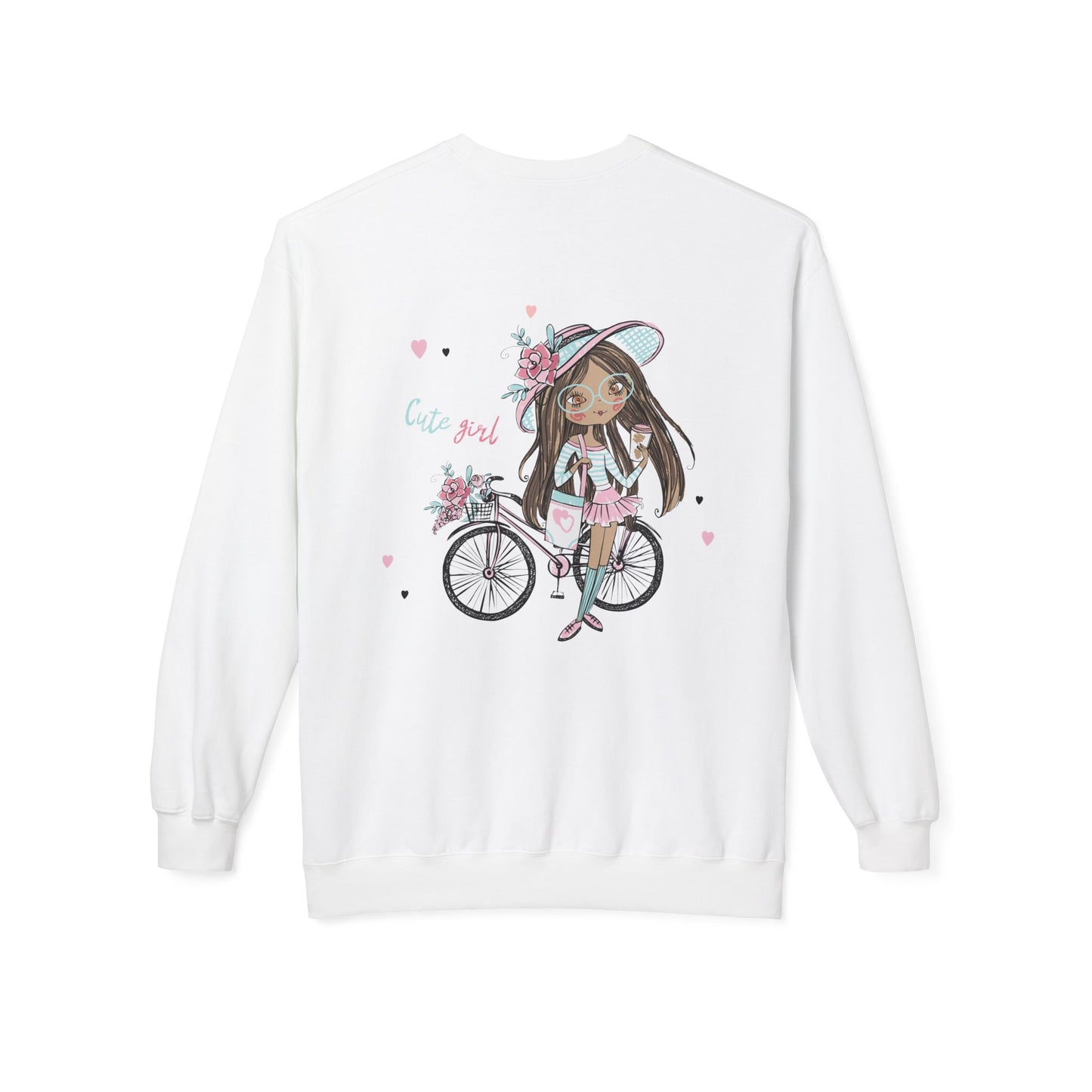 Cute Girl on Bicycle Sweatshirt, Cozy Fleece Crewneck, Spring Fashion, Gift for Her, Casual Sweatshirt, Cartoon Design
