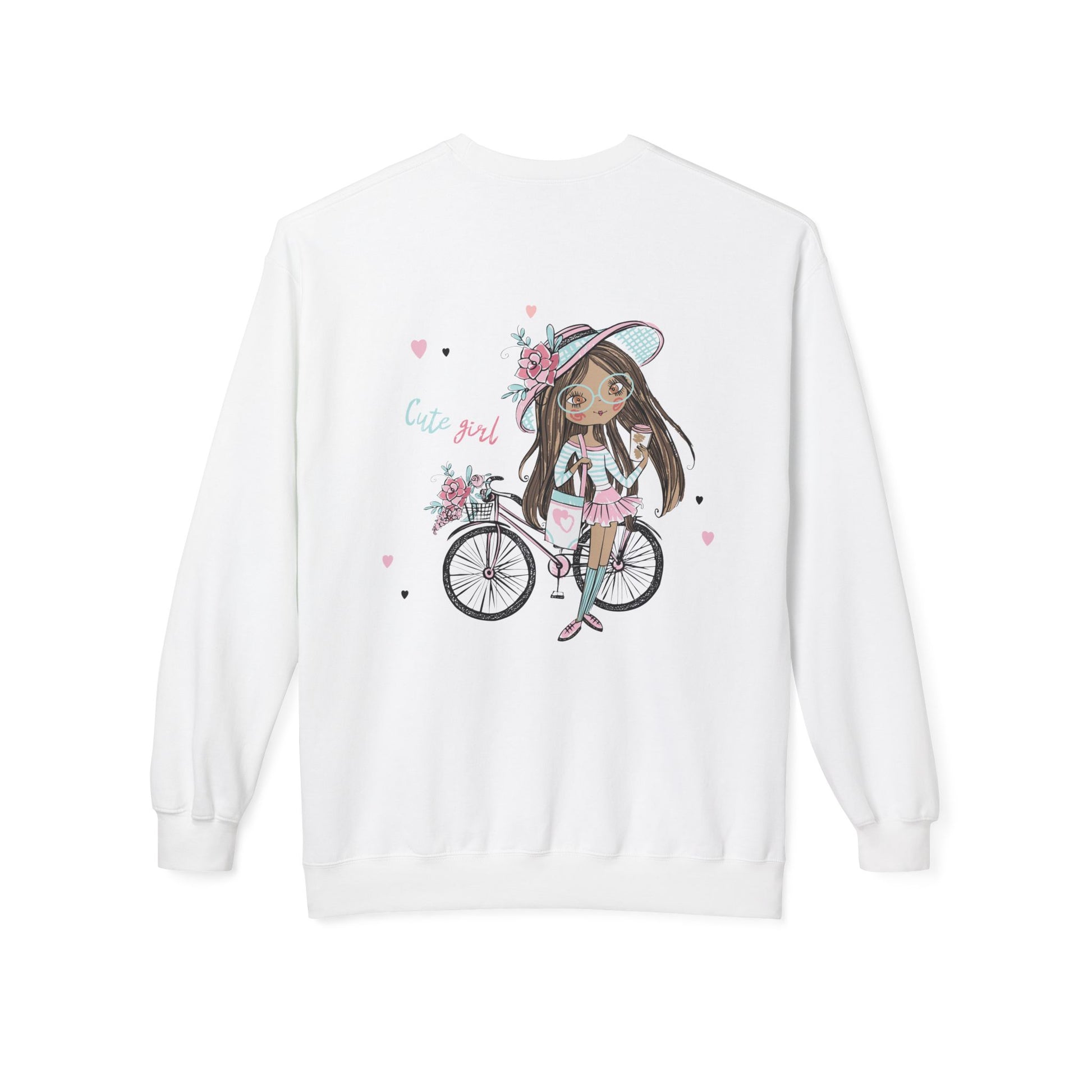Cute Girl on Bicycle Sweatshirt, Cozy Fleece Crewneck, Spring Fashion, Gift for Her, Casual Sweatshirt, Cartoon Design