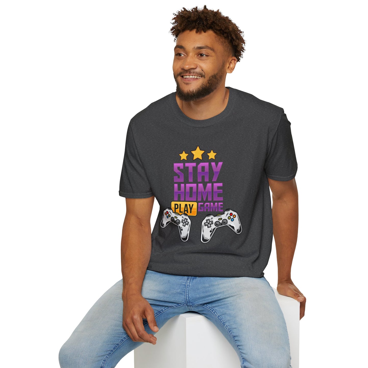 Stay Home Play Game Unisex Softstyle T-Shirt, Gamer Gift, Video Game Tee, Casual Wear, Birthday Present, Gaming Apparel Dark Heather