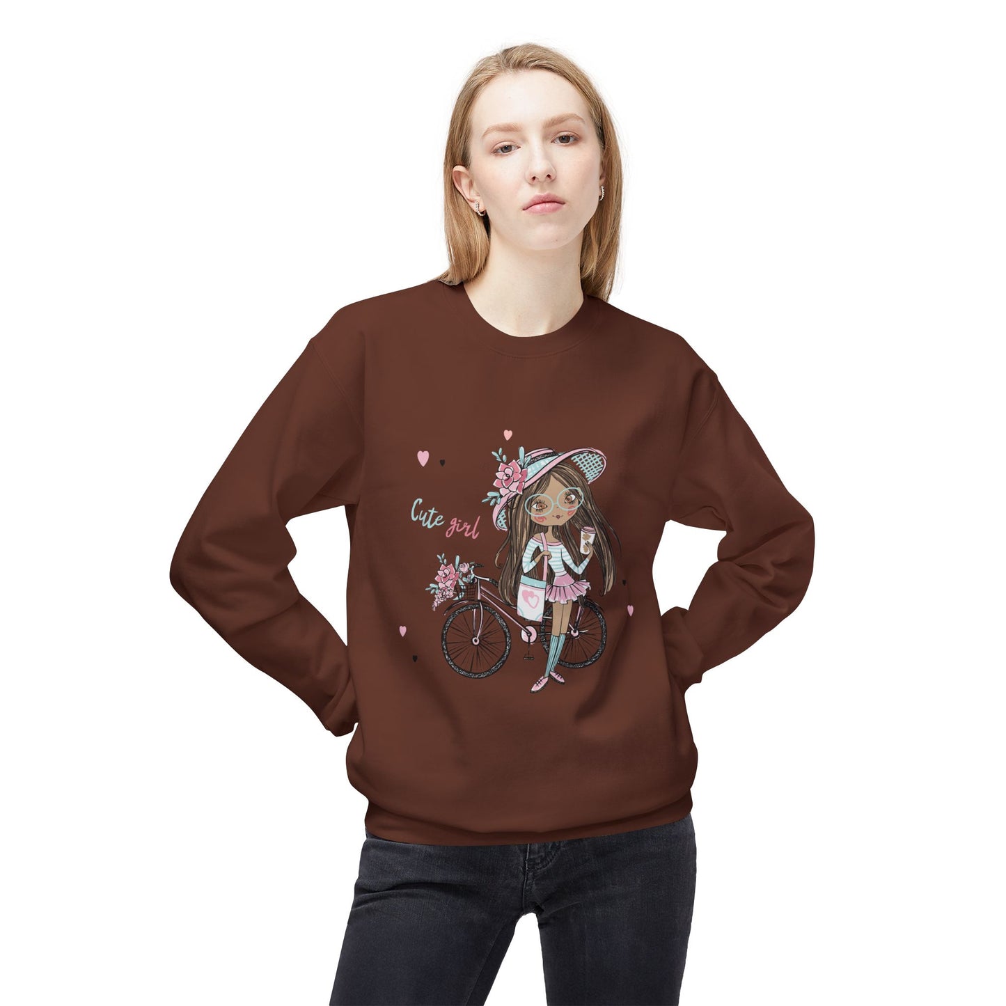 Cute Girl on Bicycle Sweatshirt, Cozy Fleece Crewneck, Spring Fashion, Gift for Her, Casual Sweatshirt, Cartoon Design
