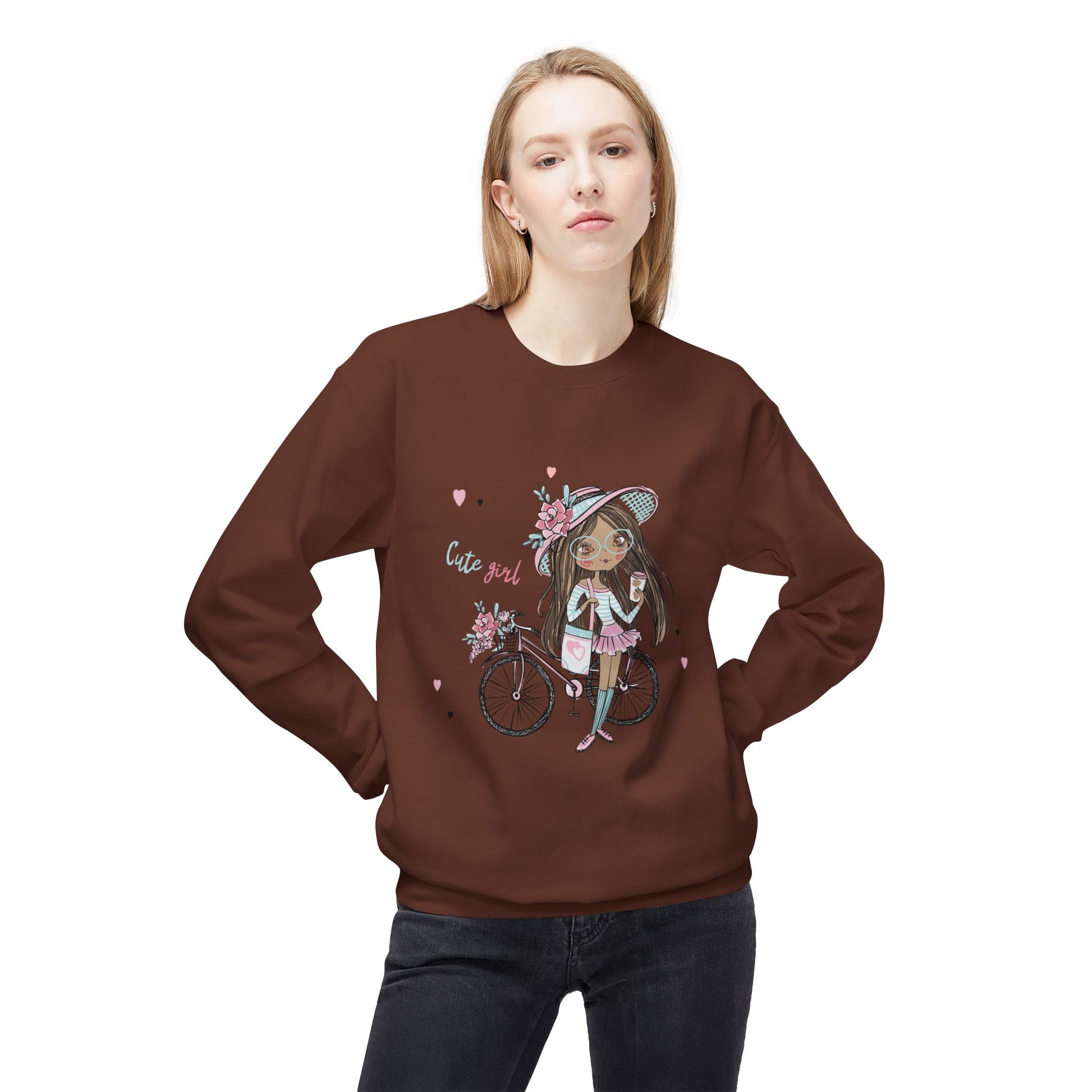 Cute Girl on Bicycle Sweatshirt, Cozy Fleece Crewneck, Spring Fashion, Gift for Her, Casual Sweatshirt, Cartoon Design