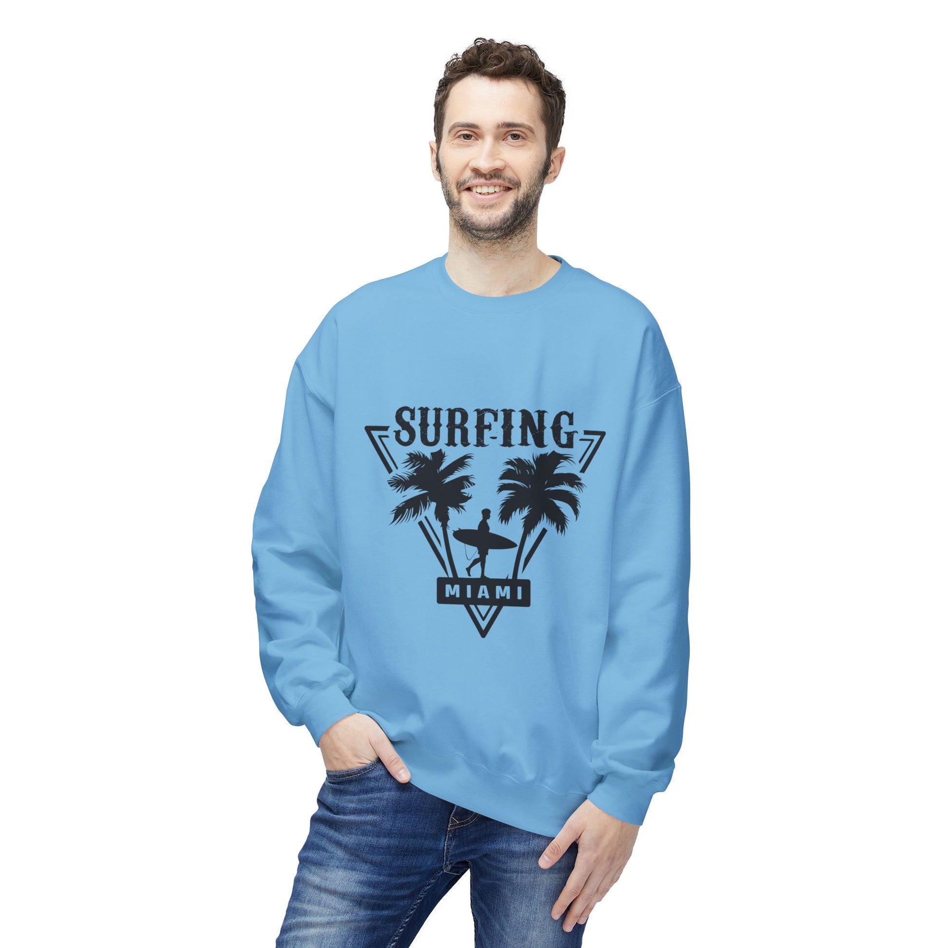 Miami Surfing Sweatshirt, Unisex Sweatshirt, Beach Lover Gift, Casual Layering Piece, Summer Vibes Apparel, Surfing Lifestyle Clothing