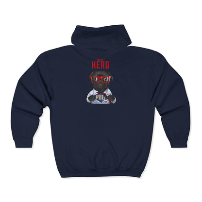 Hero Pug Full Zip Hoodie, Unisex Sweatshirt, Pet Lover Gift, Cute Hoodie, Dog Lover Apparel, Birthday Present, Funny Sweatshirt