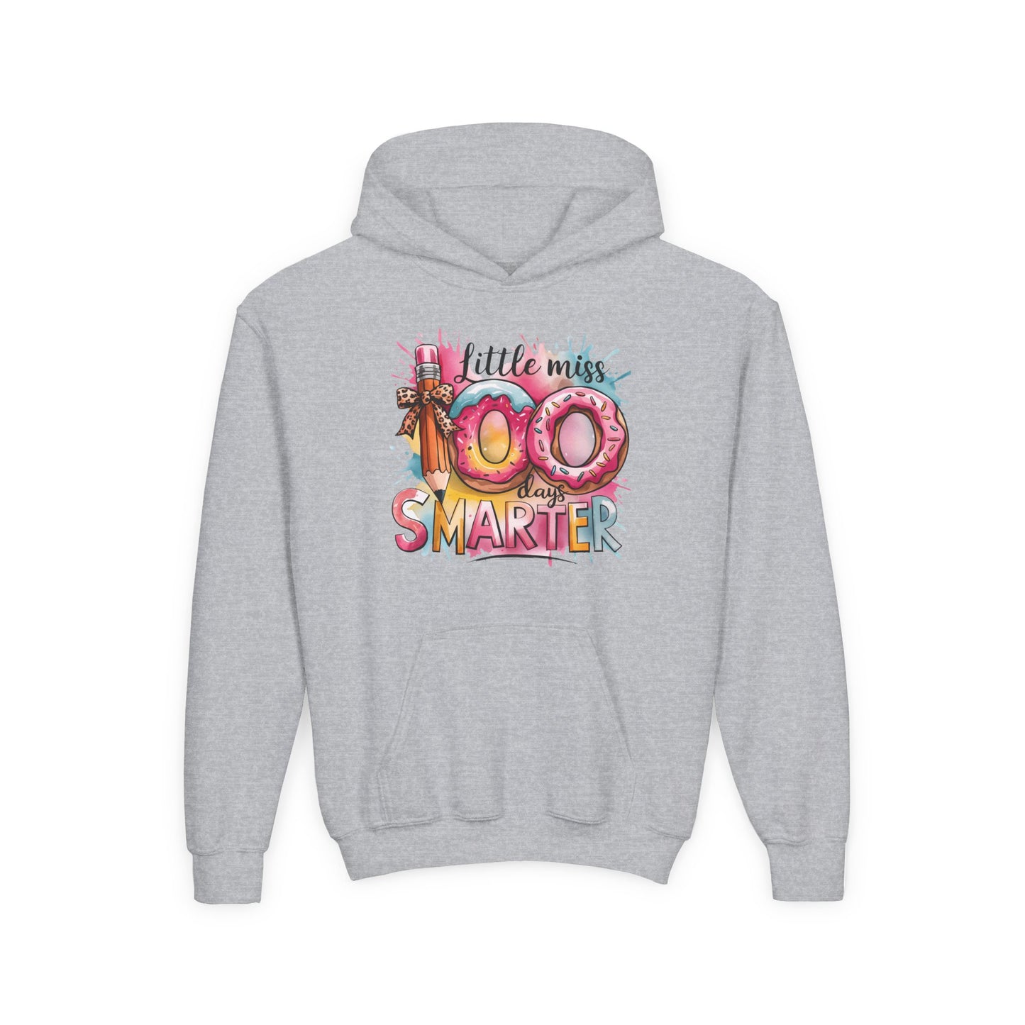 Youth Hooded Sweatshirt - Little Miss 100 Days Smarter Celebration Gift, Kids Birthday, School Milestone, Fun Apparel, Cute Kids Outfit Sport Grey