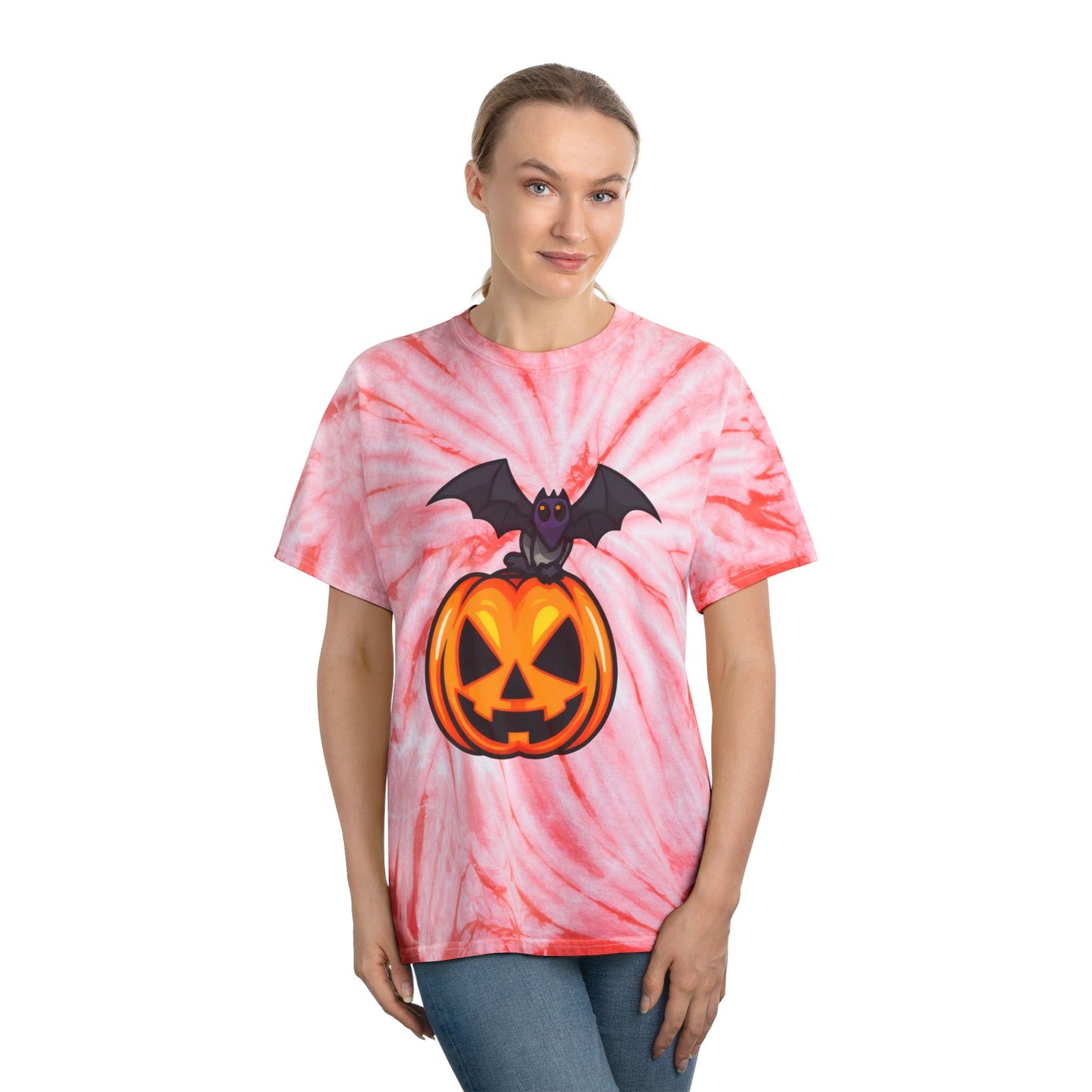 Halloween Tie-Dye Tee with Bat and Pumpkin, Fun Graphic T-Shirt for Fall, Spooky Season Apparel, Casual Wear, Unique Gift Idea - Cozy Kawaii LLC