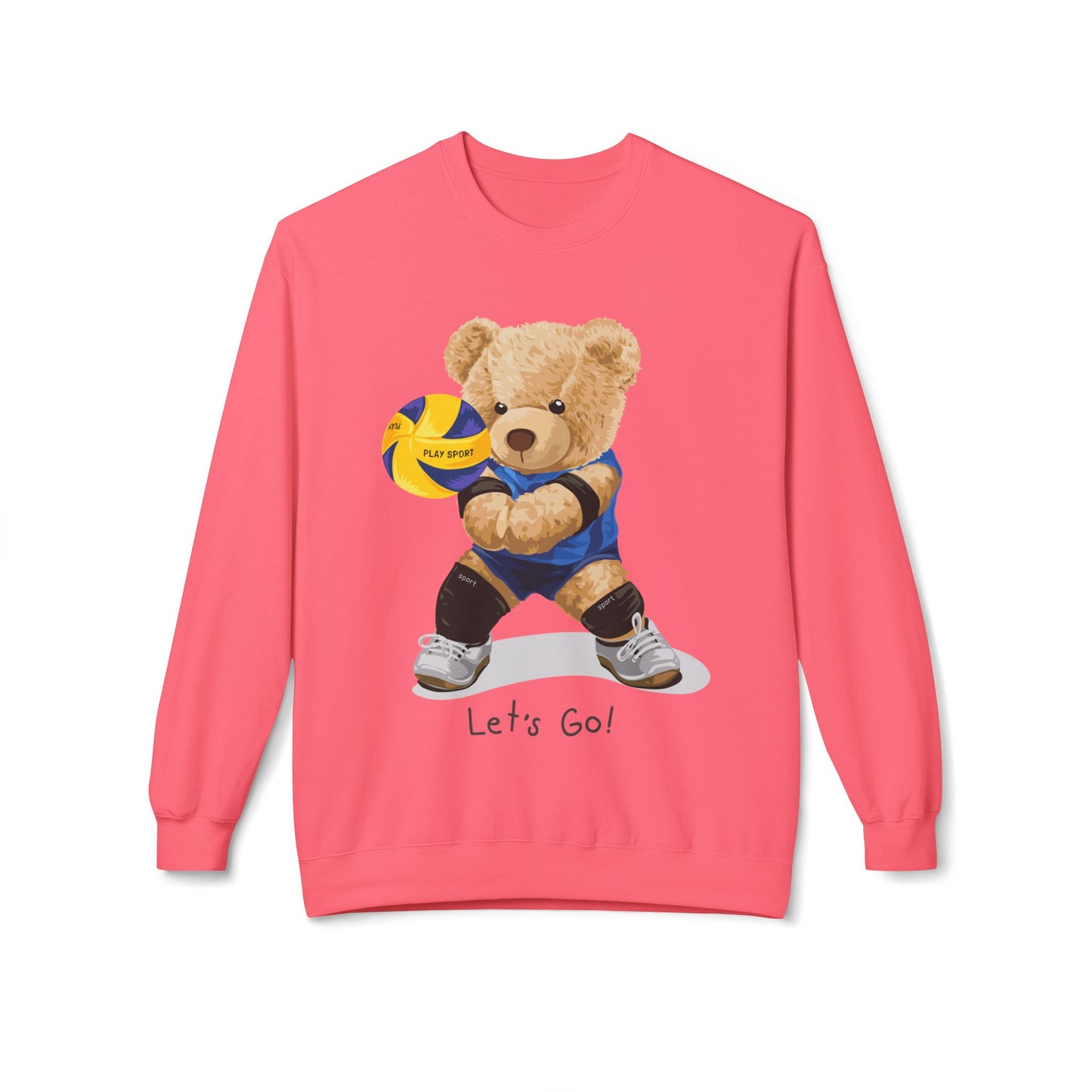 Cheerful Volleyball Bear Crewneck Sweatshirt, Cozy Fleece Top, Cute Sports Apparel, Unisex Gift for Athletes, Casual Wear, Let's Go! Pink Lemonade