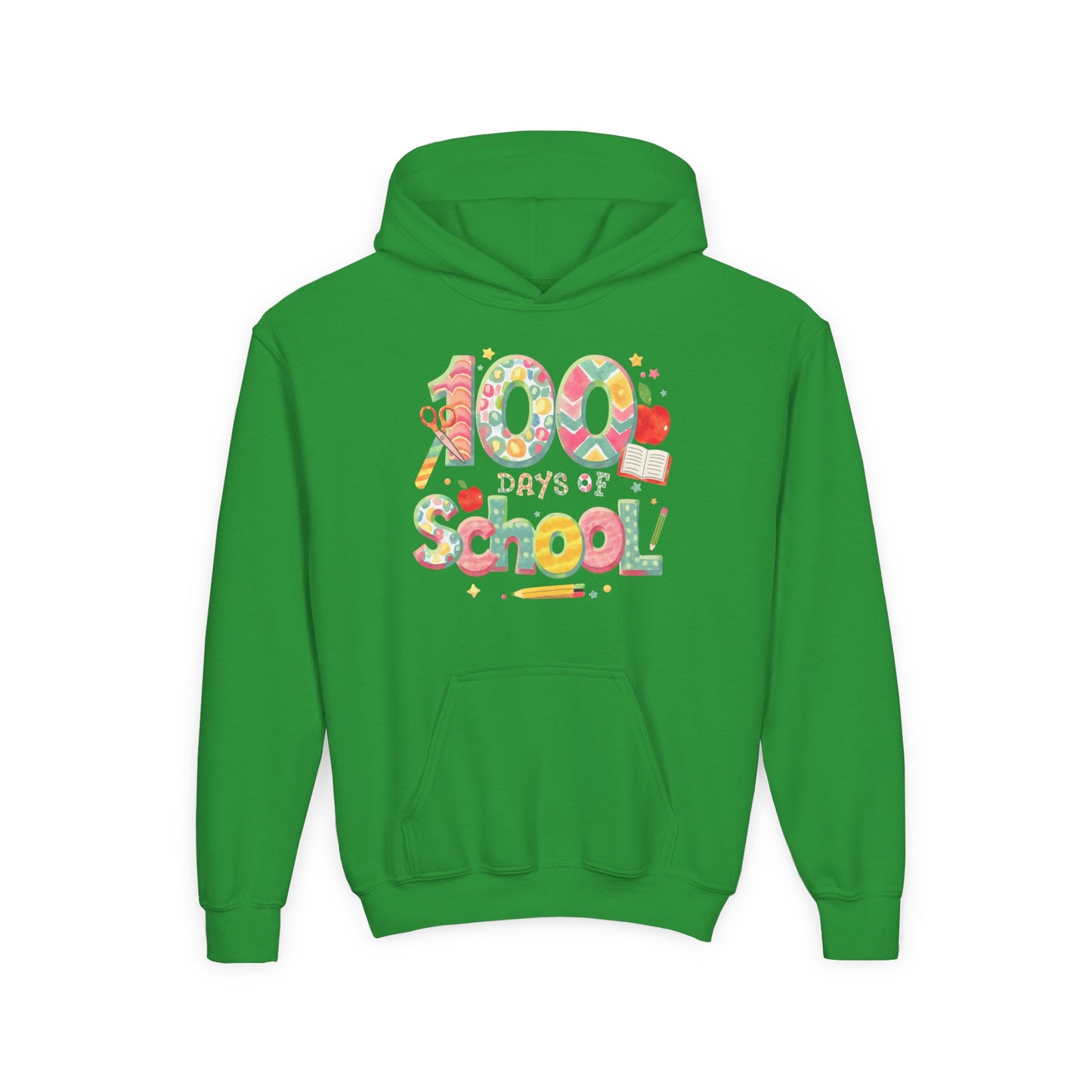 100 Days of School Youth Hoodie, Colorful School Spirit Sweatshirt, Kids Celebration Hoodie, Perfect for School Events, Fun Memory Gear Irish Green