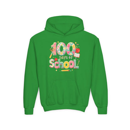 100 Days of School Youth Hoodie, Colorful School Spirit Sweatshirt, Kids Celebration Hoodie, Perfect for School Events, Fun Memory Gear Irish Green