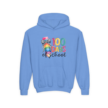 Colorful 100 Days of School Youth Hoodie, Fun School Celebration Sweatshirt, Back-to-School Gift, Kids Fashion, Classroom Style Carolina Blue