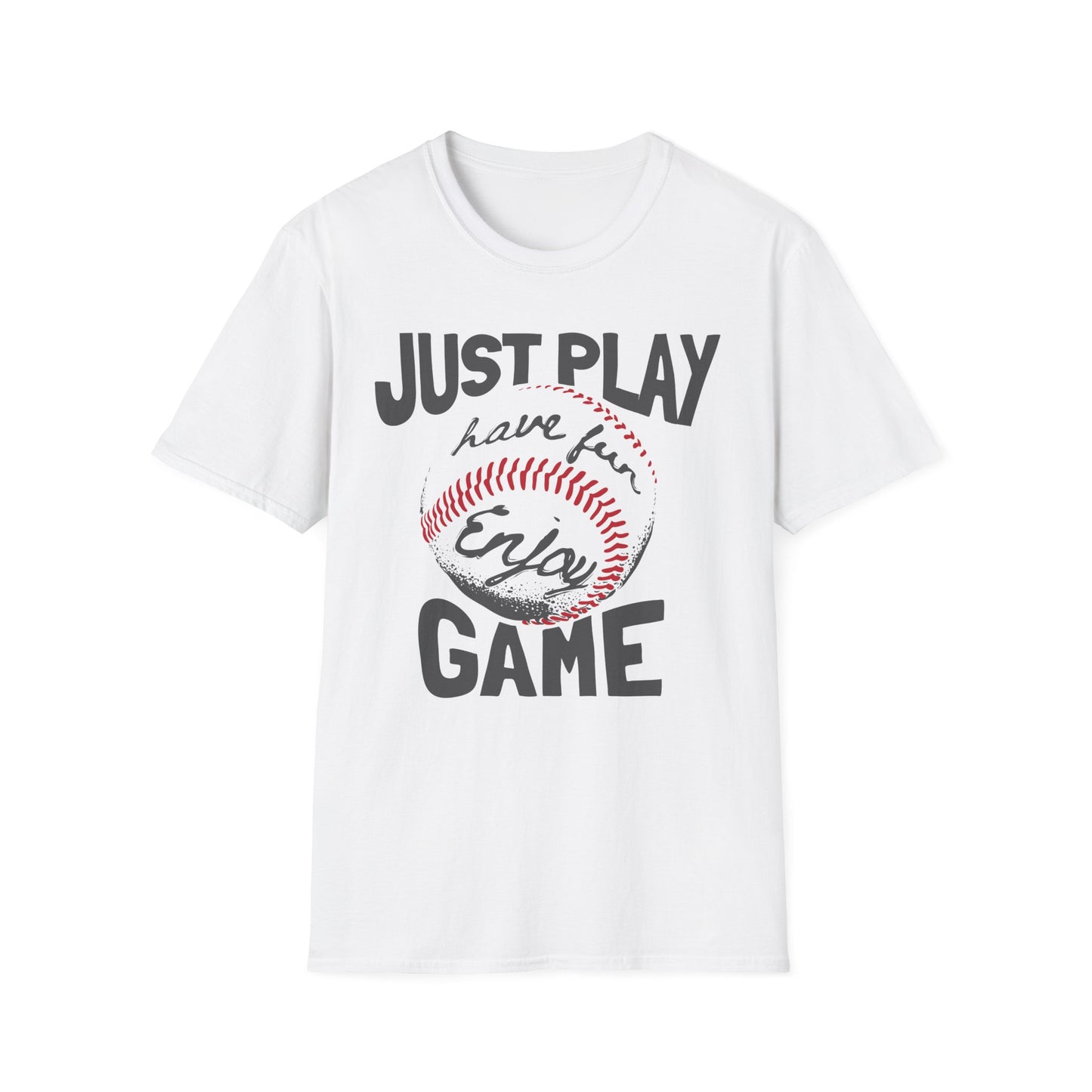 Just Play Game Unisex Softstyle T-Shirt | Fun Gift for Baseball Lovers | Casual Wear, Sports Shirt, Game Day Tee, Gift for Him/Her White