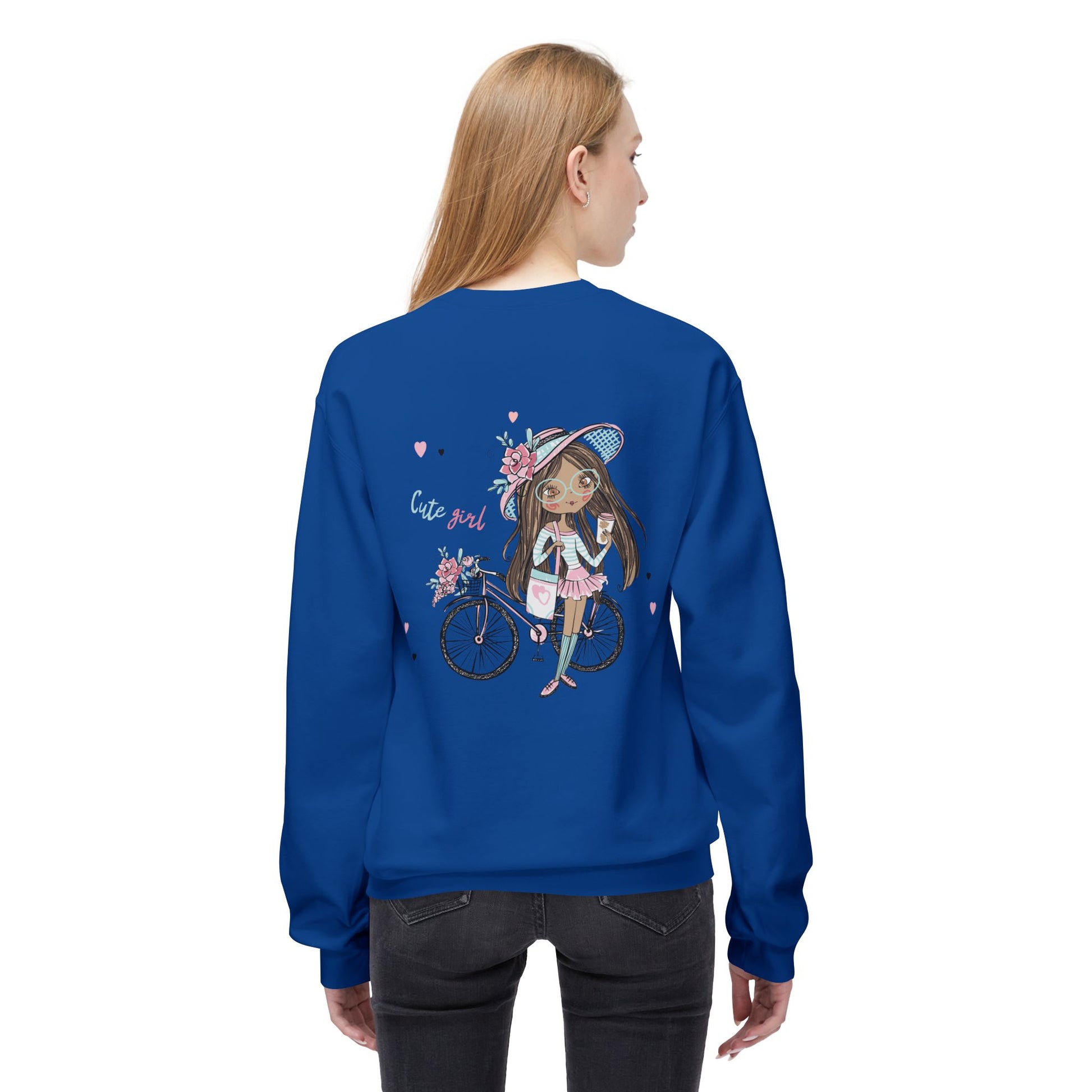 Cute Girl on Bicycle Sweatshirt, Cozy Fleece Crewneck, Spring Fashion, Gift for Her, Casual Sweatshirt, Cartoon Design