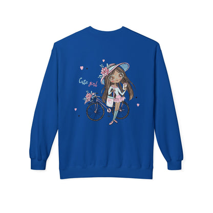 Cute Girl on Bicycle Sweatshirt, Cozy Fleece Crewneck, Spring Fashion, Gift for Her, Casual Sweatshirt, Cartoon Design