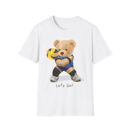 Cute Volleyball Bear T-Shirt, Unisex Softstyle Tee, Sportswear, Gift for Athletes, Fun Casual Wear, Sports Team Apparel White