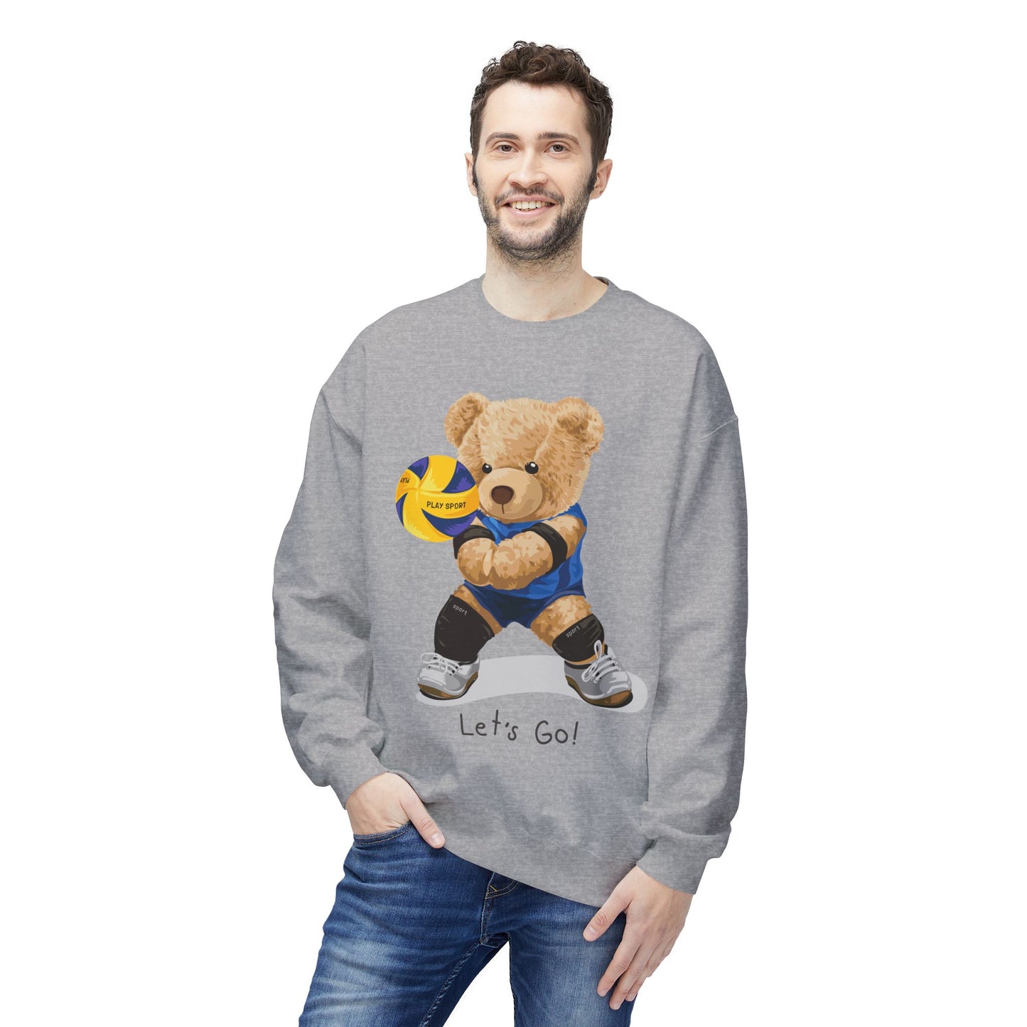 Cheerful Volleyball Bear Crewneck Sweatshirt, Cozy Fleece Top, Cute Sports Apparel, Unisex Gift for Athletes, Casual Wear, Let's Go!