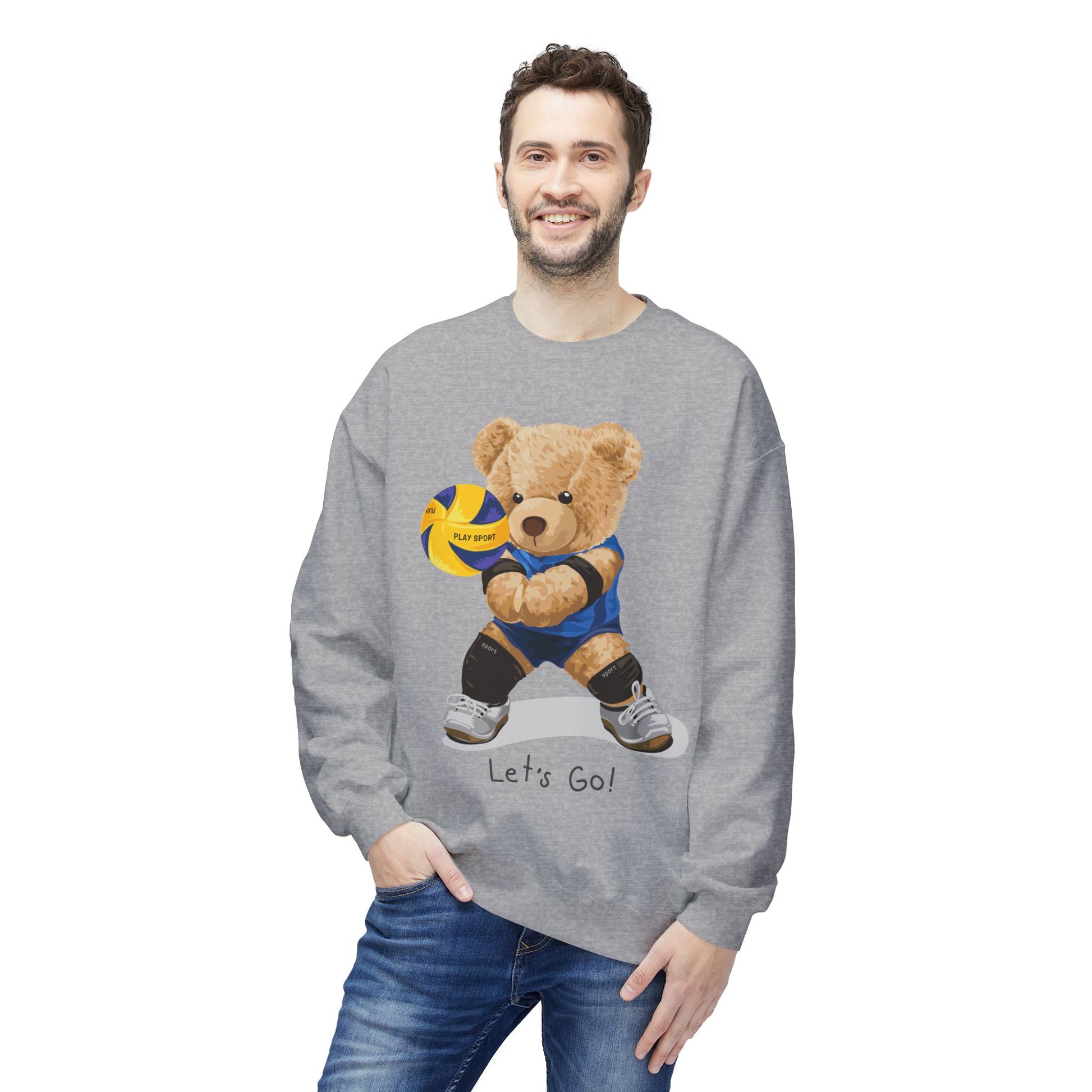Cheerful Volleyball Bear Crewneck Sweatshirt, Cozy Fleece Top, Cute Sports Apparel, Unisex Gift for Athletes, Casual Wear, Let's Go!
