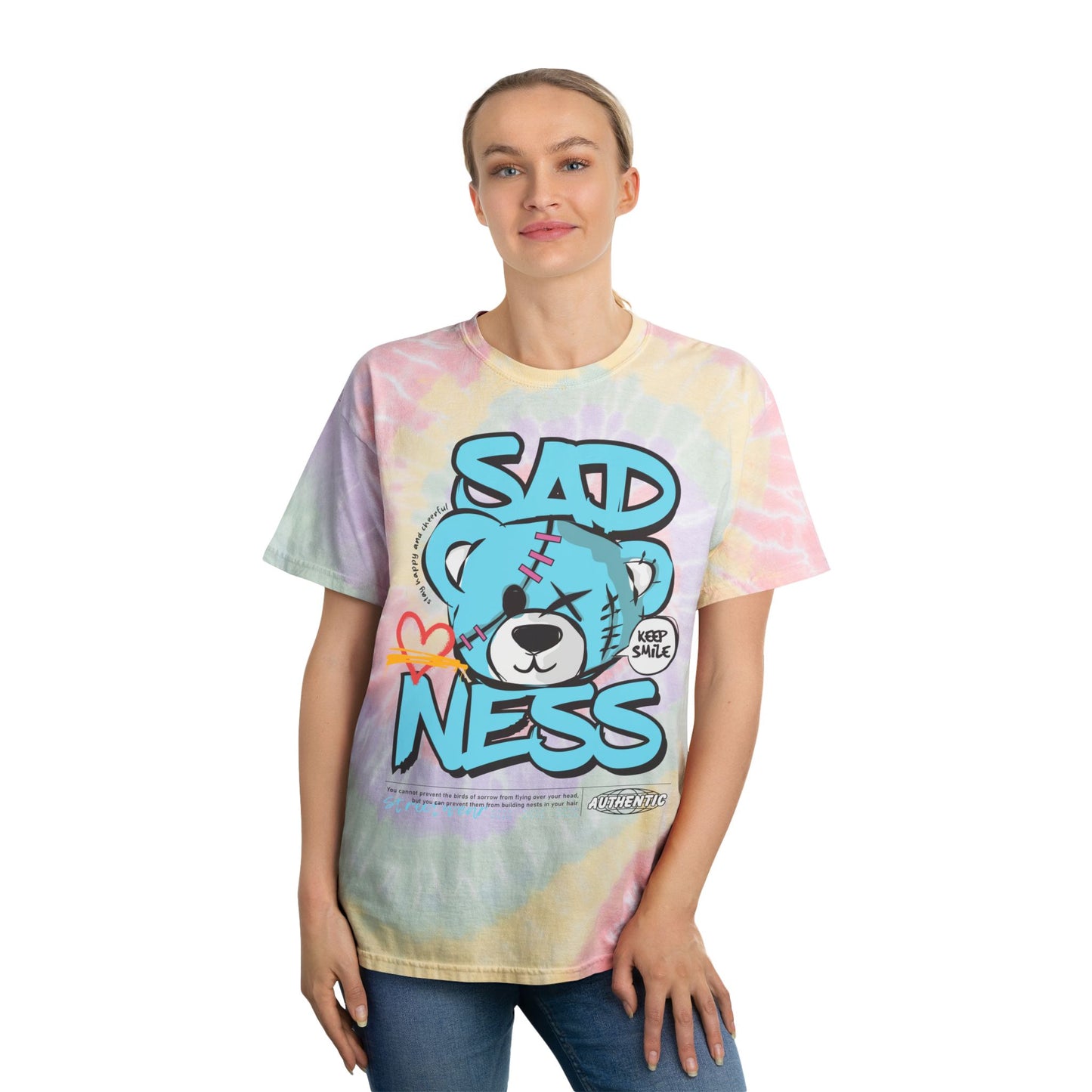 Unisex "Sadness" Tie Dye T-Shirt – Streetwear Graphic Tee with Blue Bear & "Keep Smile" Message – Soft Cotton Pastel Shirt