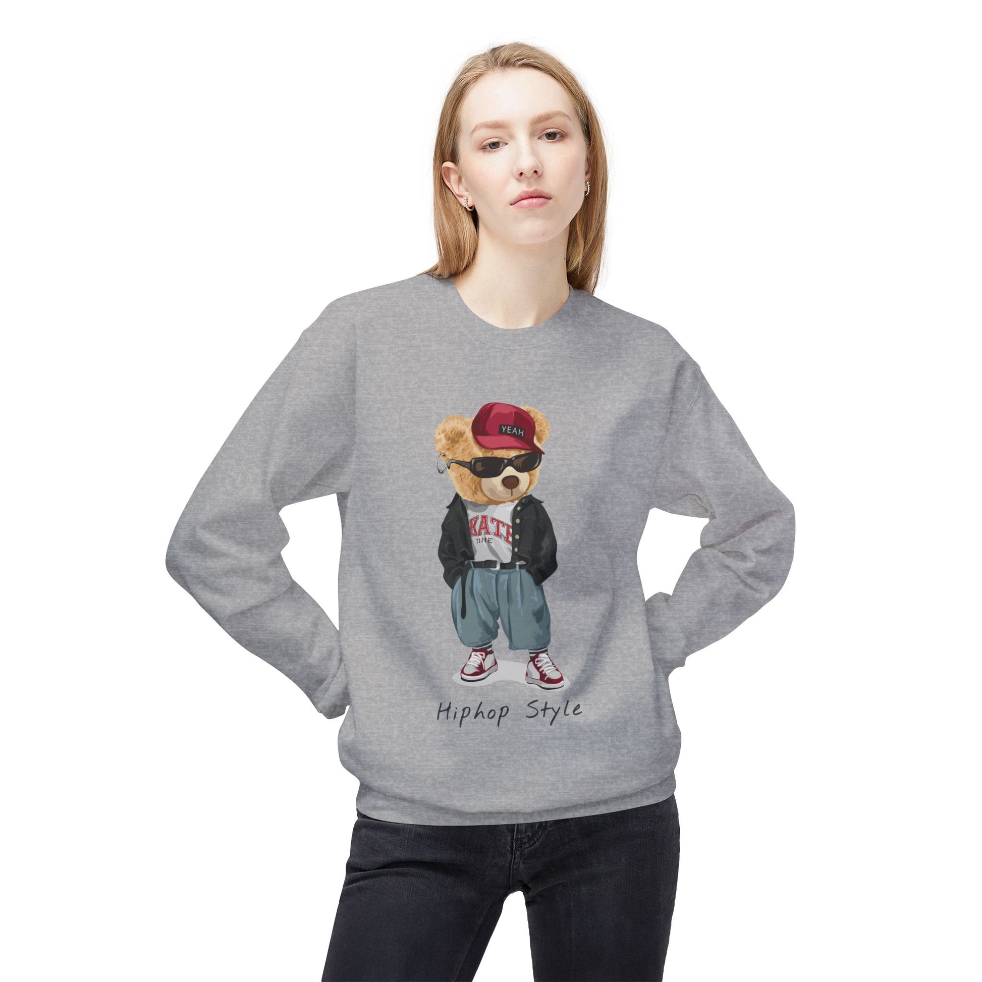 Hip Hop Bear Sweatshirt, Streetwear Crewneck, Unisex Fleece Top, Trendy Gift, Casual Style, Fashionable Layering Piece