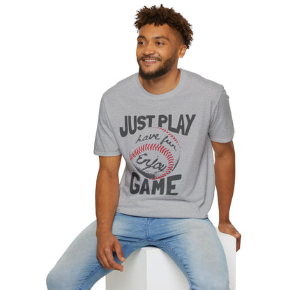 Just Play Game Unisex Softstyle T-Shirt | Fun Gift for Baseball Lovers | Casual Wear, Sports Shirt, Game Day Tee, Gift for Him/Her