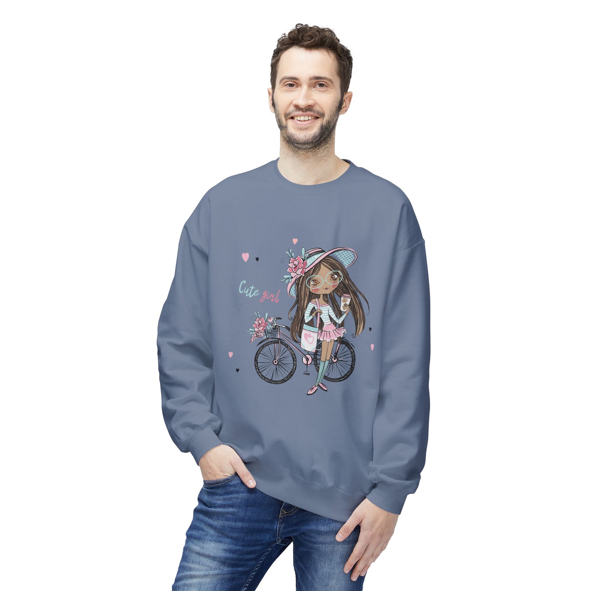 Cute Girl on Bicycle Sweatshirt, Cozy Fleece Crewneck, Spring Fashion, Gift for Her, Casual Sweatshirt, Cartoon Design