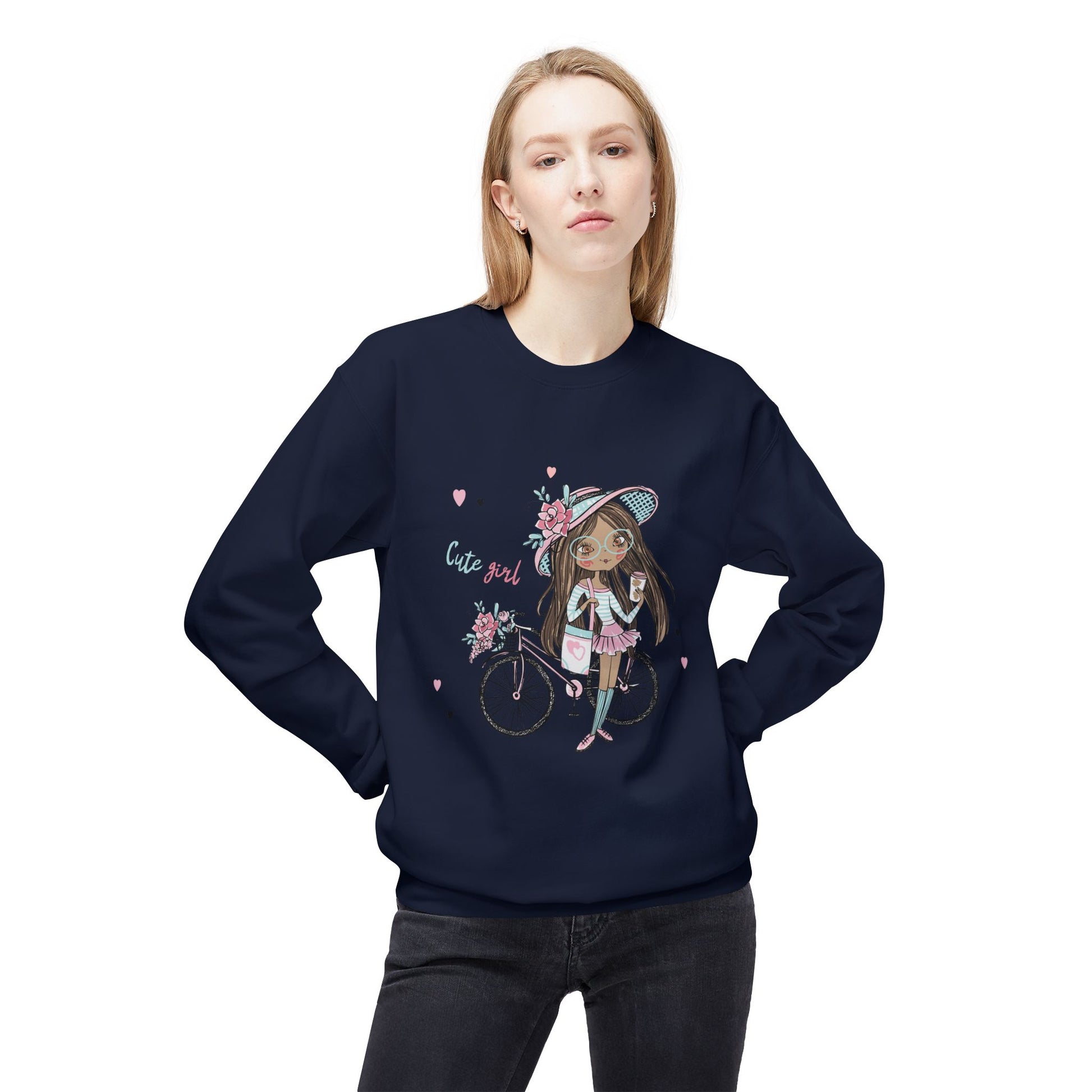 Cute Girl on Bicycle Sweatshirt, Cozy Fleece Crewneck, Spring Fashion, Gift for Her, Casual Sweatshirt, Cartoon Design