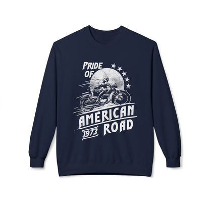 Pride of American Road Crewneck Sweatshirt, Cozy Unisex Fleece Top, Ideal Gift for Bikers, Road Trip Apparel, 1973 Vintage Style Navy