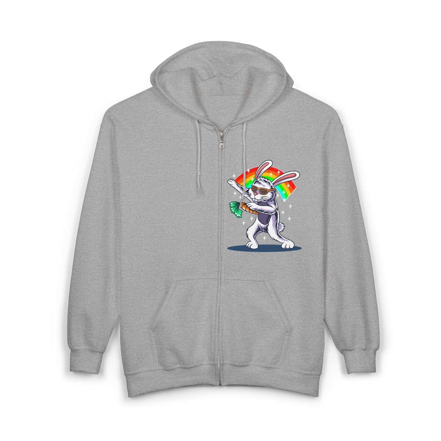 Colorful Bunny Zip-Up Hoodie, Unisex Rainbow Jacket, Fun Sweatshirt for All Occasions, Great Gift for Easter, Spring Celebrations