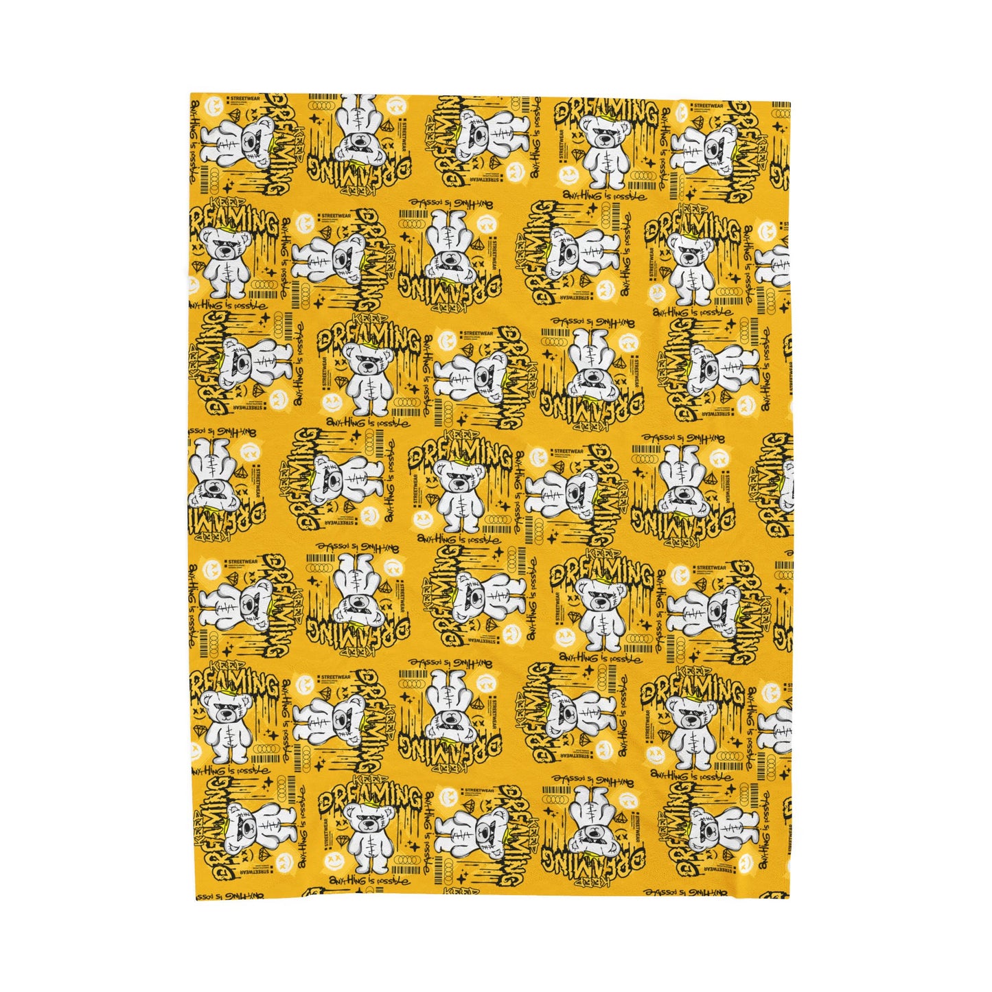 "Keep Dreaming" Inspirational Plush Blanket – Soft Velveteen Throw with Teddy Bear – Yellow Streetwear Home Decor