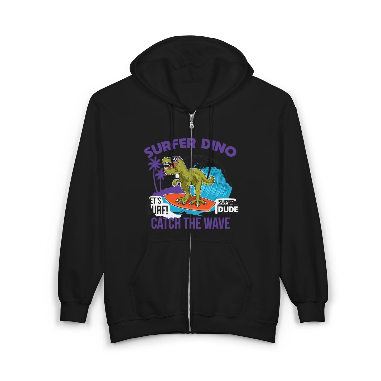 Surfer Dino Full Zip Hoodie - Catch the Wave, Surfing Sweatshirt for Beach Lovers, Gifts for Dino Enthusiasts, Fun Casual Wear