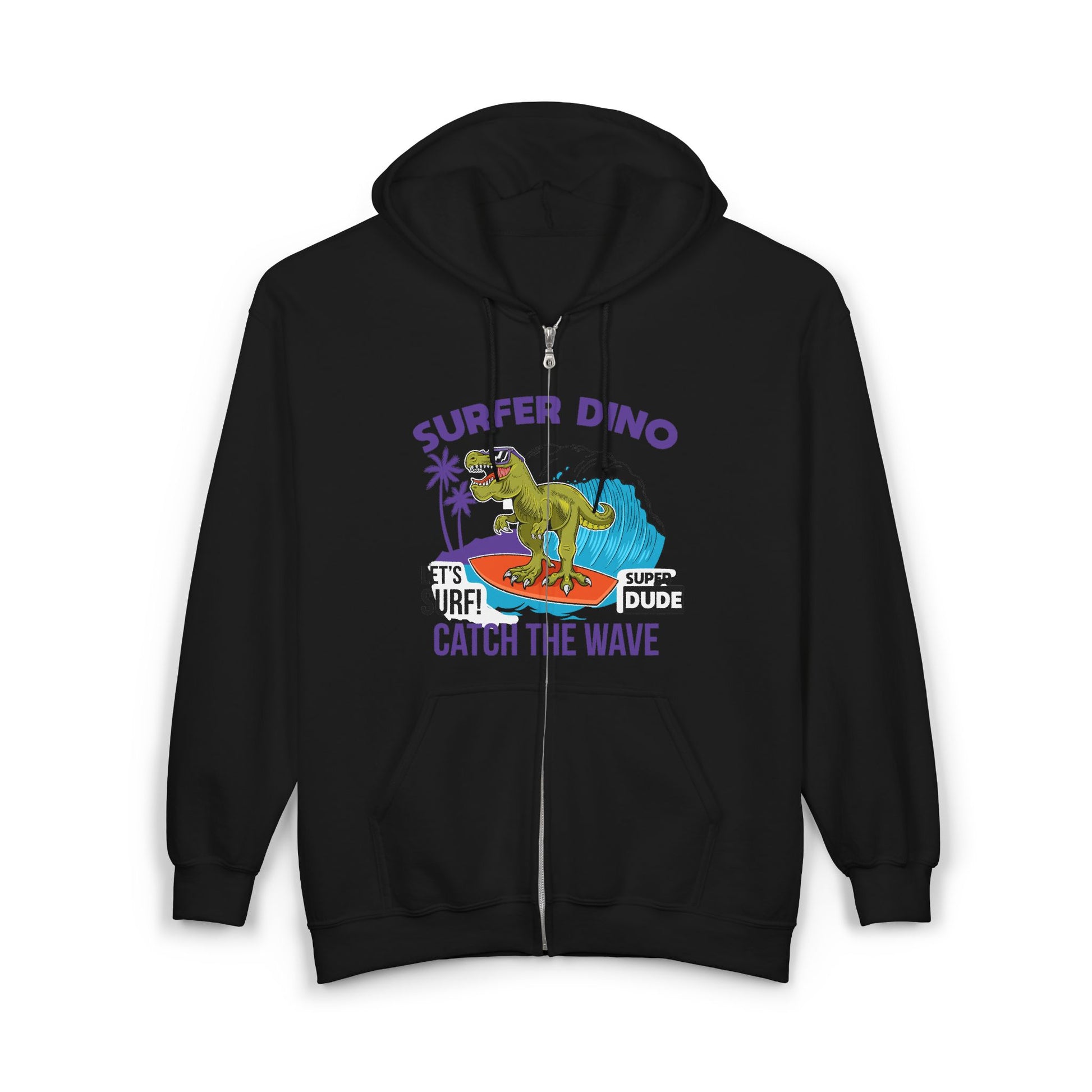 Surfer Dino Full Zip Hoodie - Catch the Wave, Surfing Sweatshirt for Beach Lovers, Gifts for Dino Enthusiasts, Fun Casual Wear