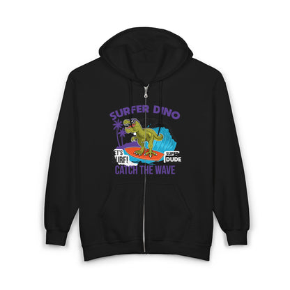 Surfer Dino Full Zip Hoodie - Catch the Wave, Surfing Sweatshirt for Beach Lovers, Gifts for Dino Enthusiasts, Fun Casual Wear