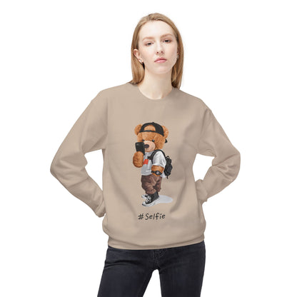 Cute Bear Selfie Sweatshirt, Trendy Gift for Teens, Cozy Fleece Crew, Fashionable Streetwear, Perfect for Casual Days, Instagram Vibes