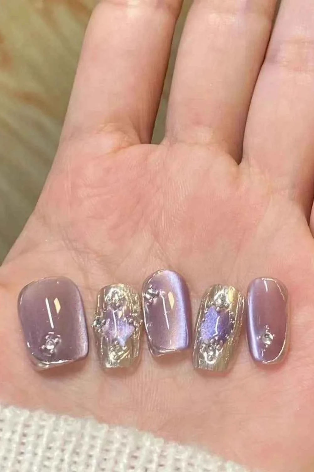 10Pcs Naked Cat Eye Press-On Nails with Laser Butterfly Decor