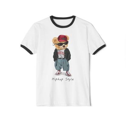 Hip Hop Bear Unisex Cotton Ringer T-Shirt, Cute Graphic Tee, Retro Style T-Shirt, Streetwear Apparel, Gift for Music Lovers White Black