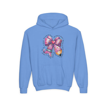Heartfelt Bow Youth Hoodie - Cute Gift for Kids, Stylish Sweatshirt for Birthday, Back to School, Holiday, Everyday Wear Carolina Blue