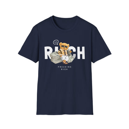 Freaking Rich T-Shirt, Unisex Softstyle Tee for Money Lovers, Fun Graphic Shirt for Birthdays, Gifts, Everyday Wear, Casual Attire Navy