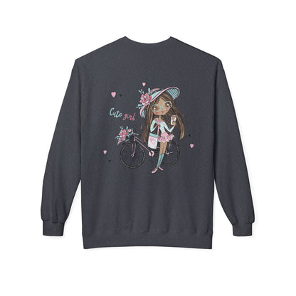 Cute Girl on Bicycle Sweatshirt, Cozy Fleece Crewneck, Spring Fashion, Gift for Her, Casual Sweatshirt, Cartoon Design