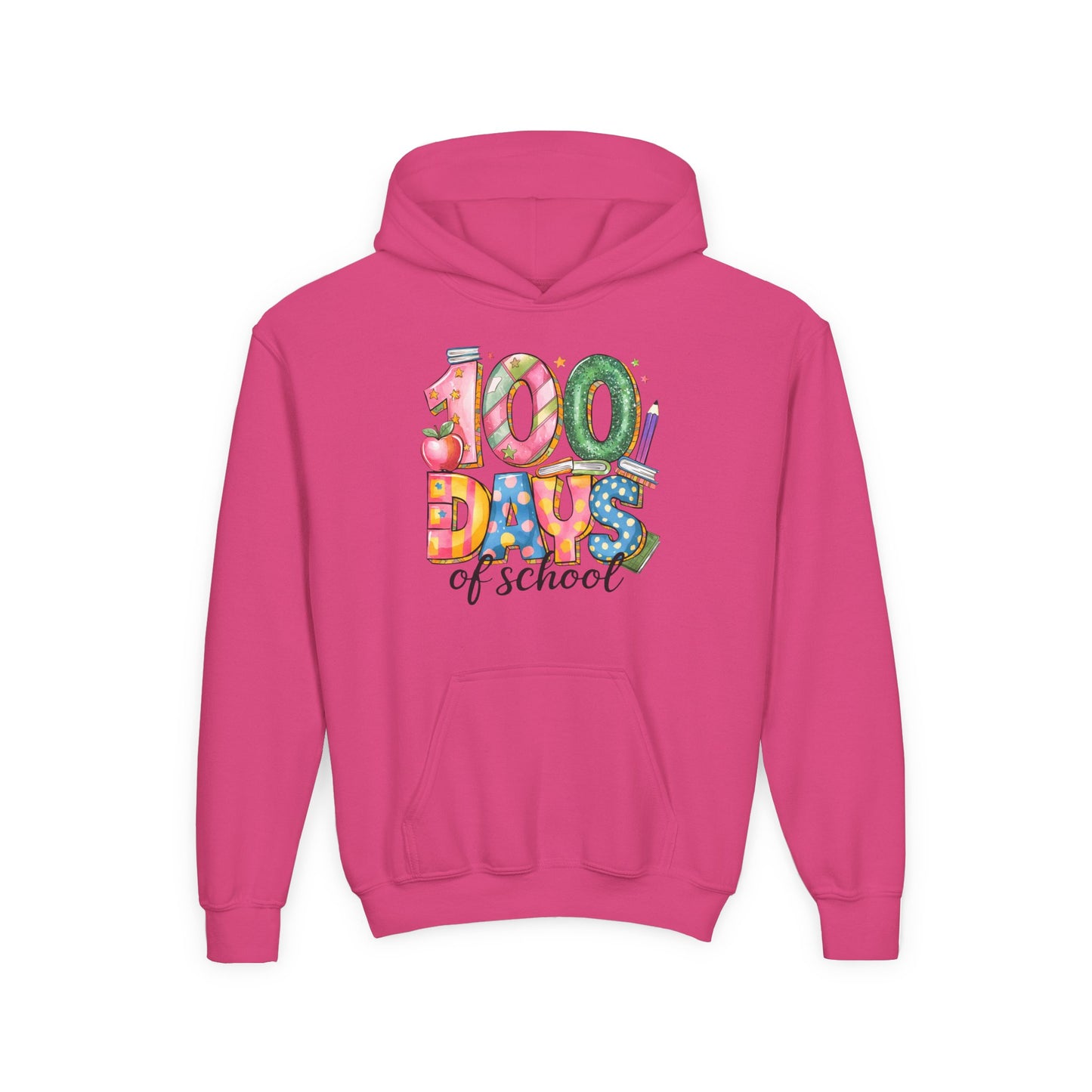 100 Days of School Youth Hoodie, Celebrate Achievement Sweatshirt, Fun Kids Apparel, School Milestone Gift, Classroom Celebration Wear Heliconia