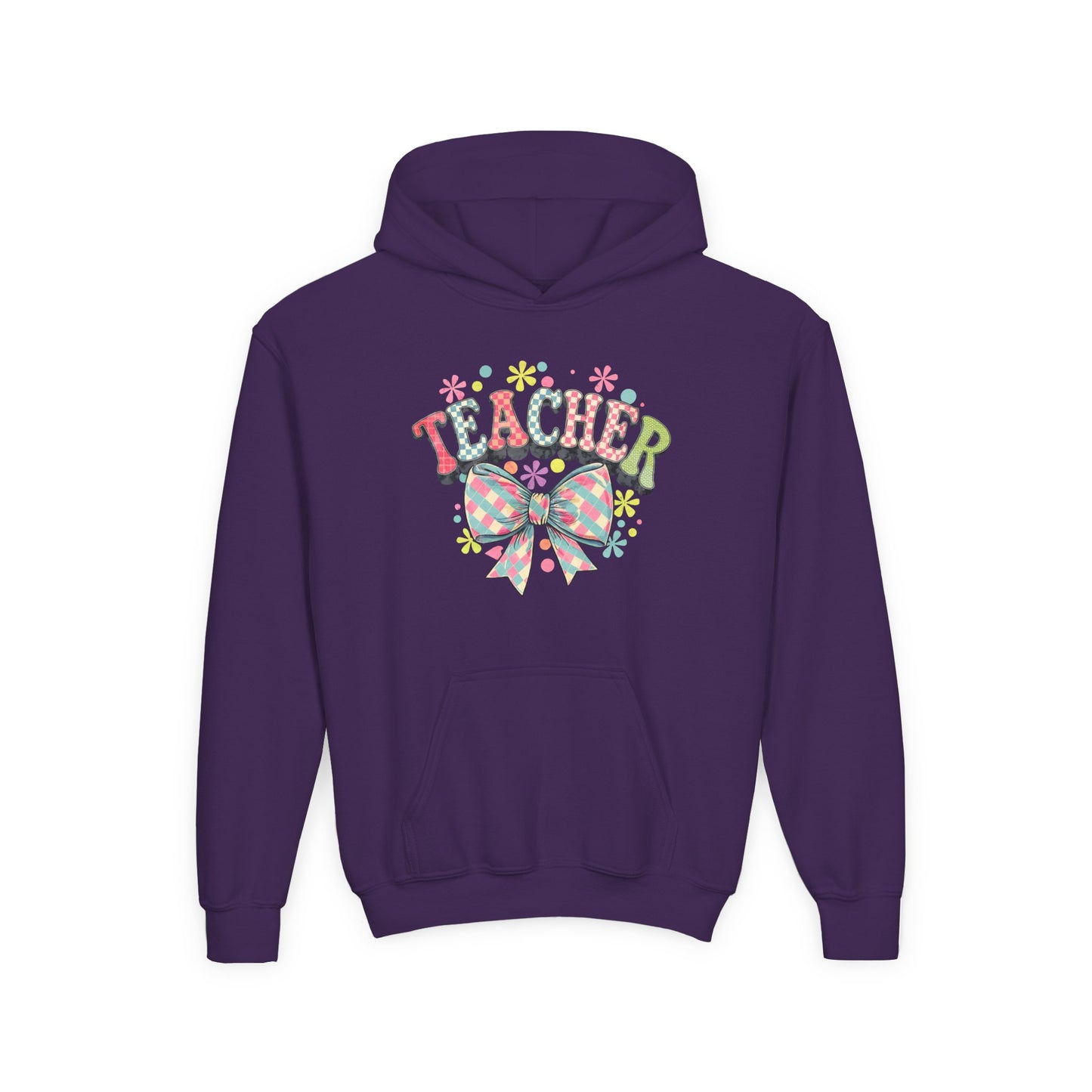 Teacher Hoodie with Colorful Floral Bow Design, Ideal Gift for Educators, School Spirit Wear, Teacher Appreciation, Back to School Purple