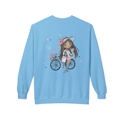 Cute Girl on Bicycle Sweatshirt, Cozy Fleece Crewneck, Spring Fashion, Gift for Her, Casual Sweatshirt, Cartoon Design