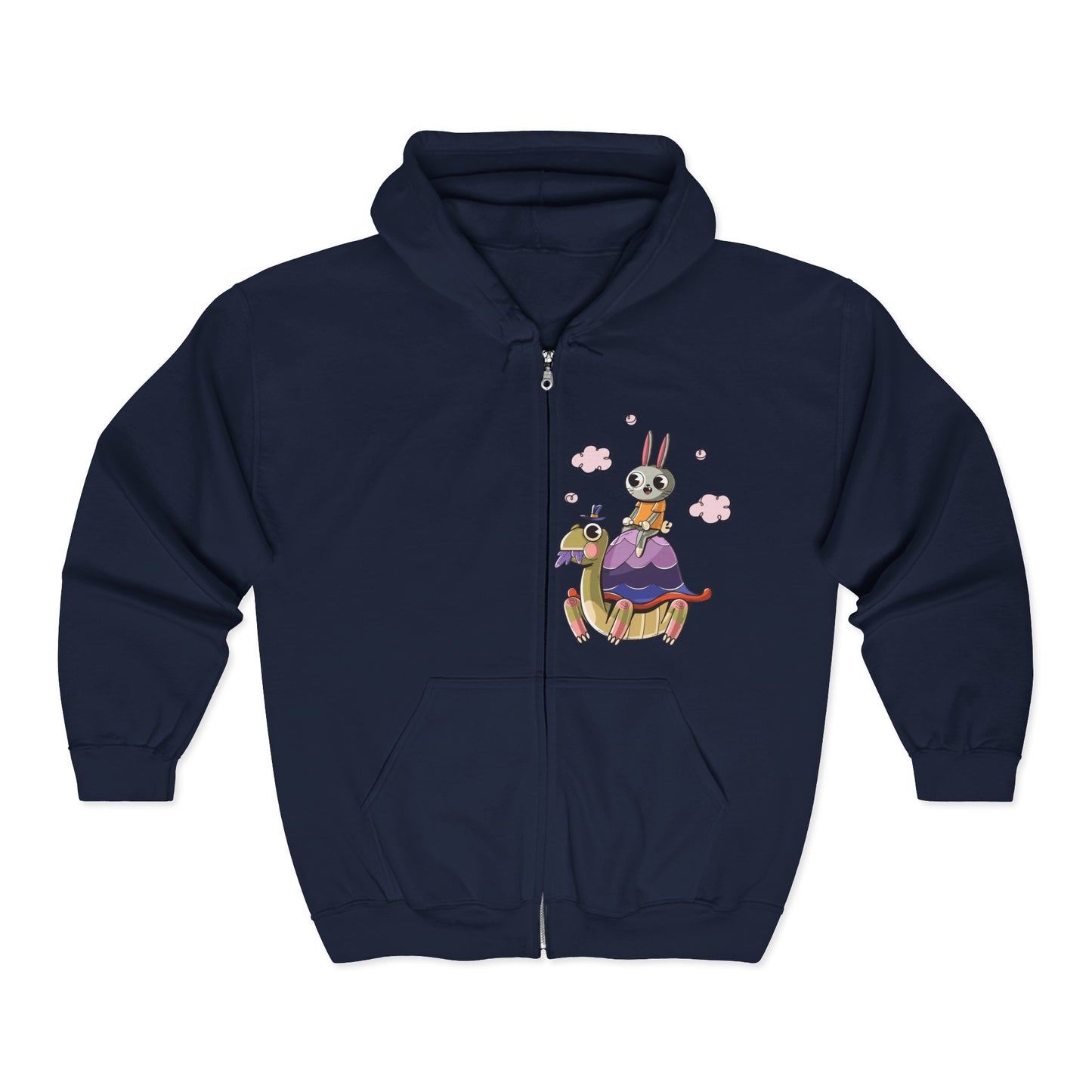 Whimsical Rabbit and Turtle Zip-Up Hoodie Navy