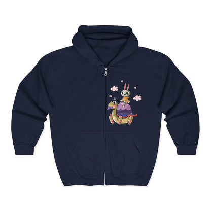 Whimsical Rabbit and Turtle Zip-Up Hoodie Navy